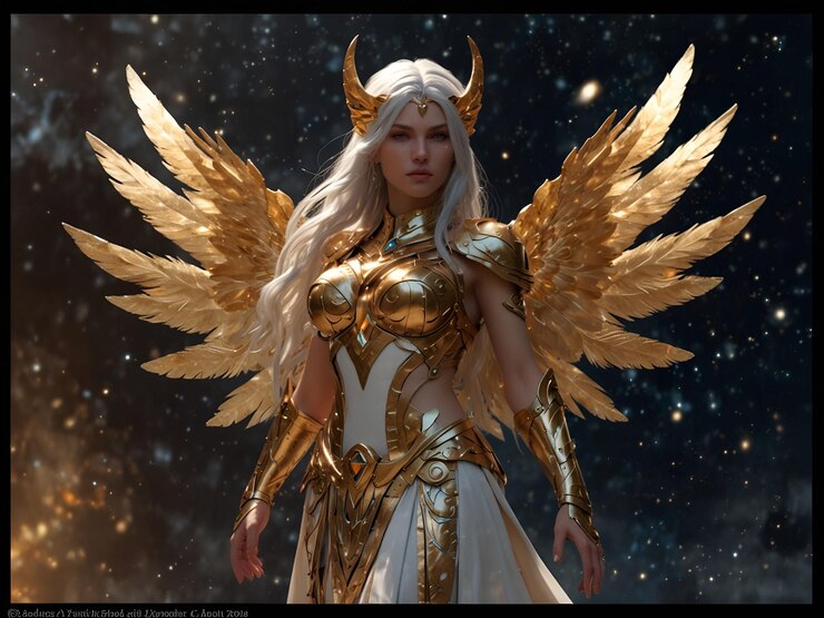 una mujer con un traje de oro con alas