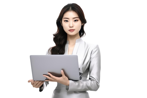 Una mujer con un traje plateado sostiene una computadora portátil.