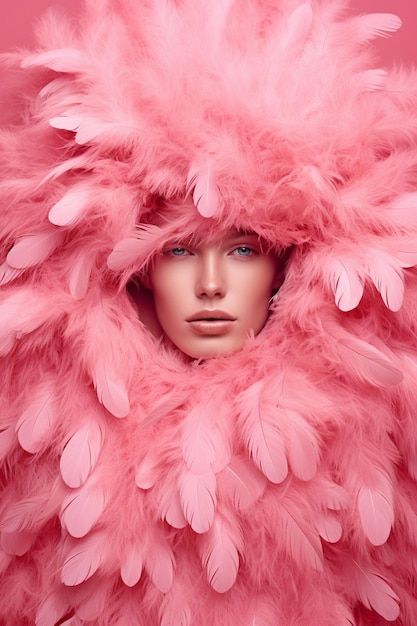 Una mujer con un traje de plumas rosas y una pluma rosa en la cabeza.
