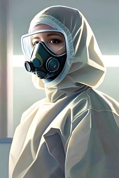 mujer con traje de protección contra materiales peligrosos y máscara de gas generativa ai