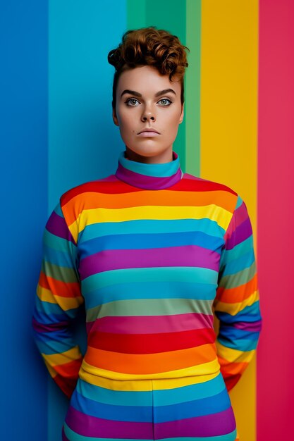 Mujer con traje a rayas de arco iris de pie frente al fondo a rayas de arco iris