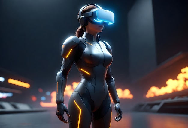 una mujer en un traje de realidad virtual con un casco azul neón en