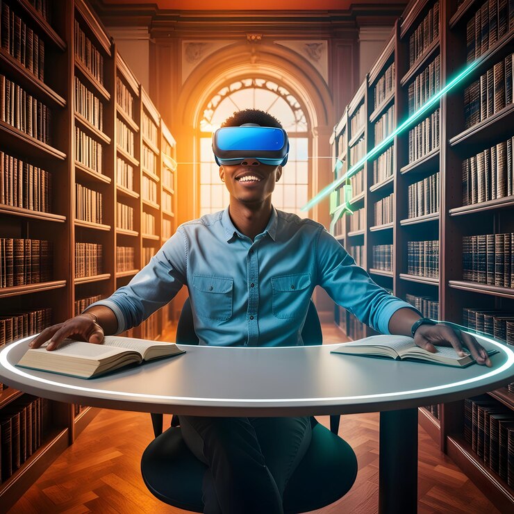 una mujer con un traje de realidad virtual está usando un dispositivo de realidad virtual