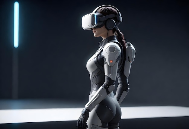 una mujer con un traje de realidad virtual y gafas