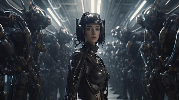 Una mujer con un traje de robot está de pie en una habitación con un grupo de soldados detrás de ella.