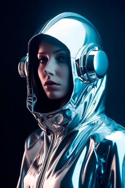 Una mujer con un traje de robot plateado con una capucha que dice "robot"