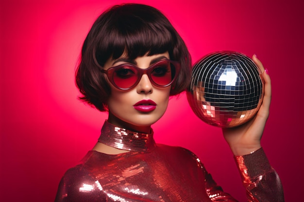 Foto una mujer en un traje rojo brillante sosteniendo una pelota de discoteca