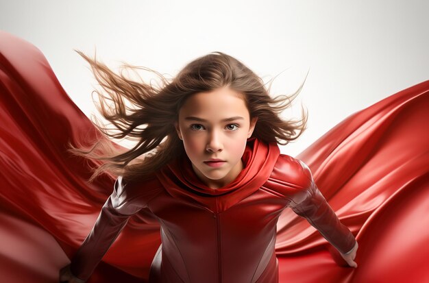 Foto mujer con un traje rojo y cabello largo