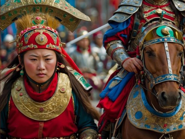 Foto una mujer en un traje rojo y dorado está montando un caballo