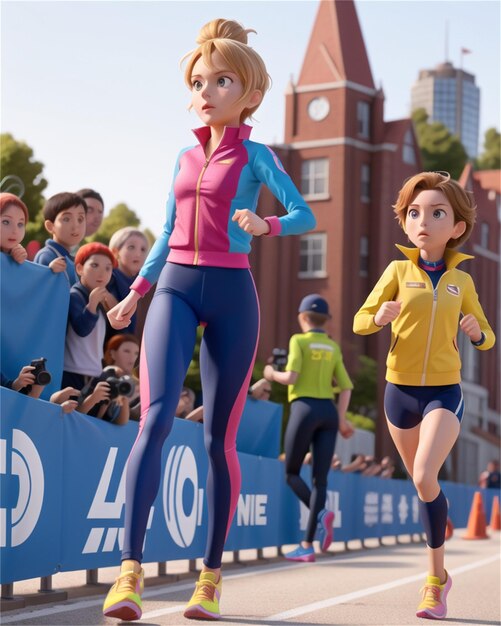una mujer con un traje rosa y azul corre por una pista con una pancarta azul que dice velocidad.