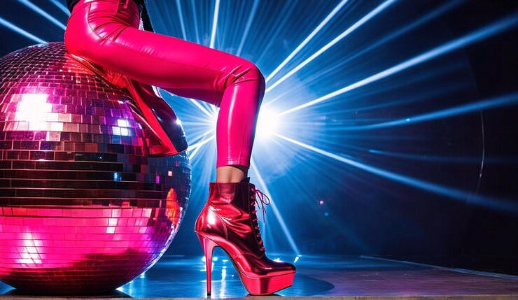 una mujer con un traje rosa está de pie en un escenario frente a una pelota de discoteca