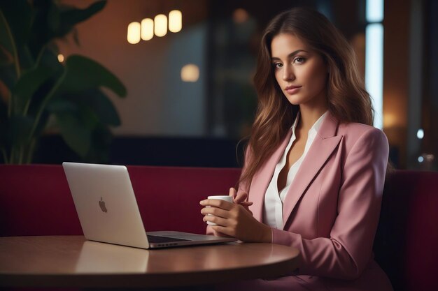La mujer en traje rosa está sosteniendo una taza y mirando la computadora portátil AI generativa