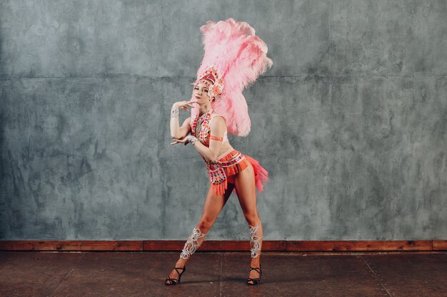 Mujer en traje de samba o lambada con plumaje de plumas rosas.