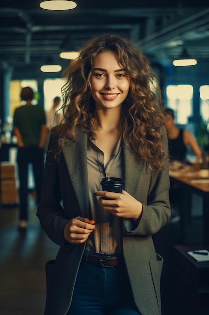 Mujer en traje sosteniendo una taza de café en su mano derecha y sonriendo a la cámara AI generativa