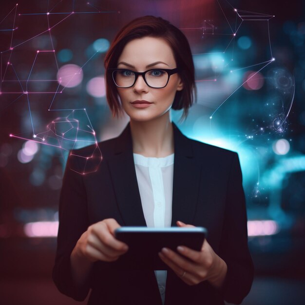 Foto una mujer con un traje sostiene una tableta con un dispositivo digital en sus manos.