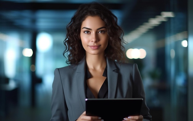 Una mujer con traje sostiene una tableta frente a un monitor.