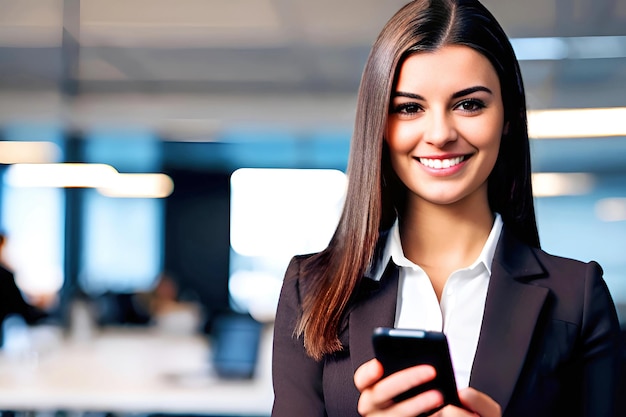 Una mujer con traje sostiene un teléfono y sonríe.