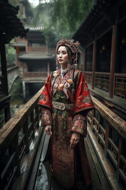 Una mujer con un traje tradicional chino se encuentra en un puente en una ciudad china.