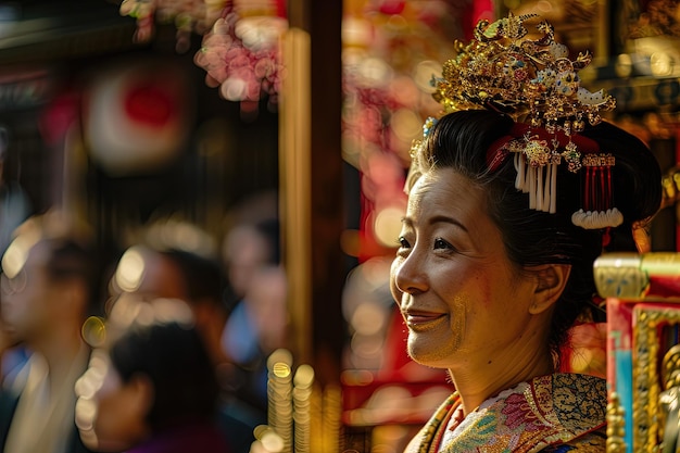 Una mujer con un traje tradicional chino sonríe a la cámara