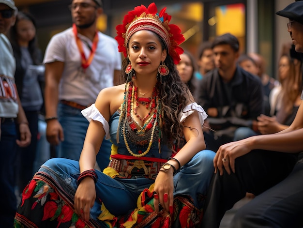 una mujer con traje tradicional indio posa cerca de una multitud de personas