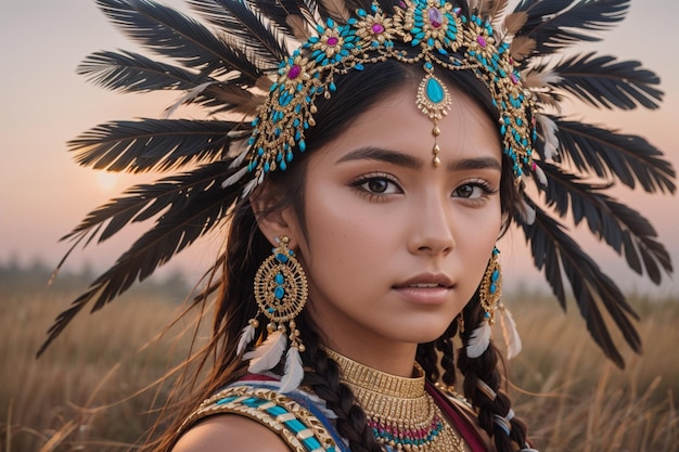 Una mujer con traje tradicional con plumas y joyas.