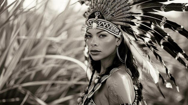 Una mujer con un traje tribal en blanco y negro