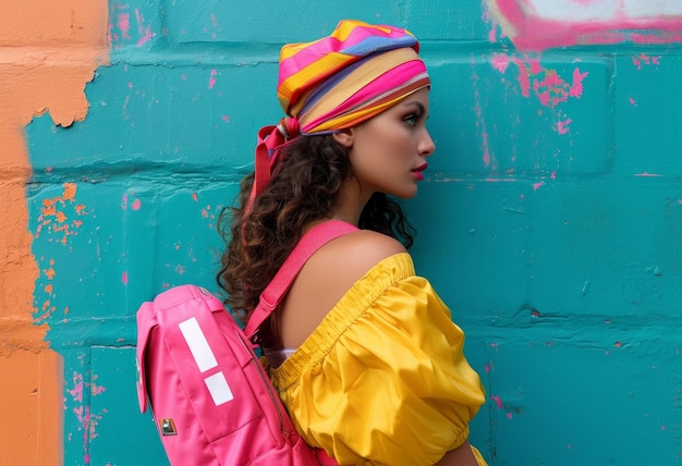 mujer con trajes y bolsas de colores