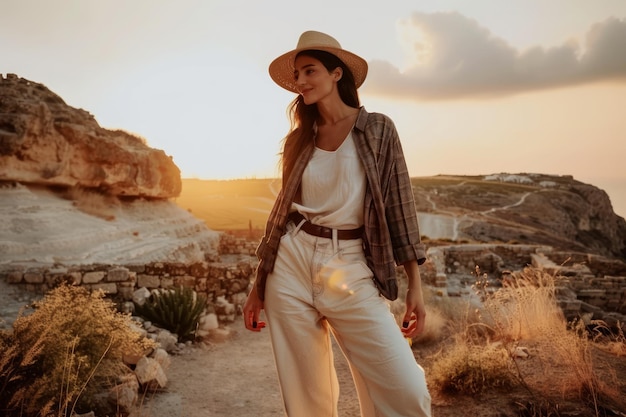 Foto una mujer con trajes de verano explorando antiguas ruinas