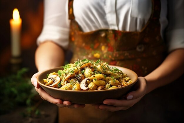 La mujer trajo un plato con pasta y setas.