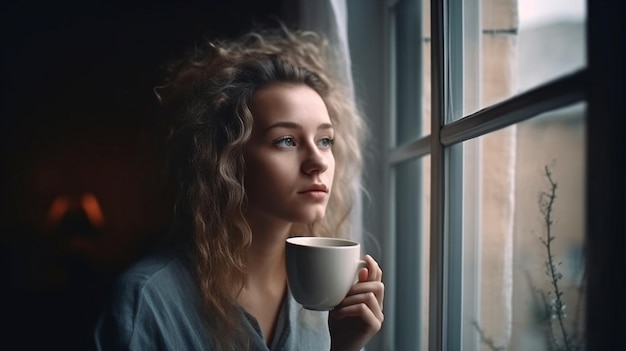 Una mujer tranquila bebe té en el interior de su casa por la mañana Ventana de monitoreo de dama amable generativa de IA