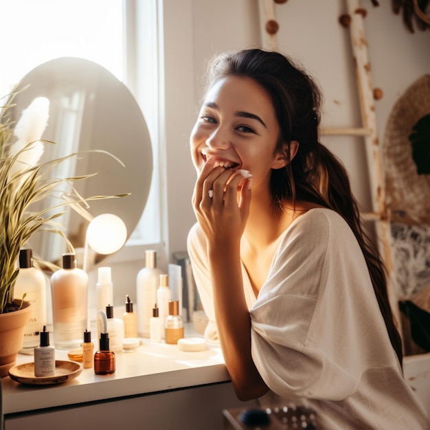 Foto una mujer tranquila y feliz sonriendo en una habitación