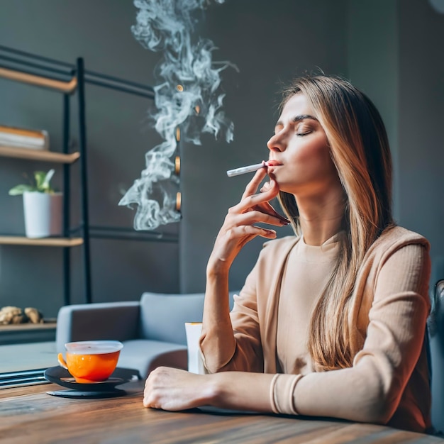 Mujer tranquila sentada y fumando descansando en la mesa