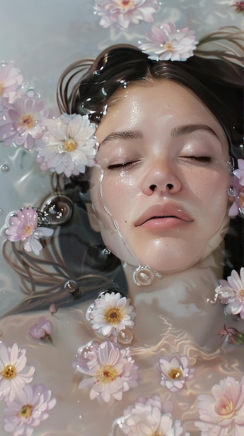 Mujer tranquila sumergida en agua de flores