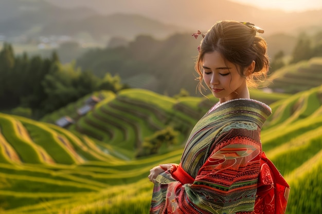 Mujer tranquila con vestimenta tradicional disfrutando de las pintorescas terrazas de arroz al atardecer