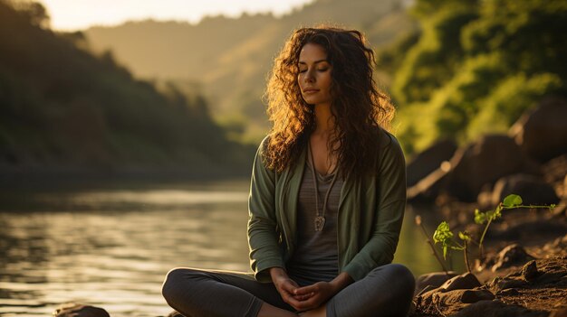 Una mujer con un tranquilo traje de yoga verde marino practicando yoga en una tranquila orilla del río al amanecer