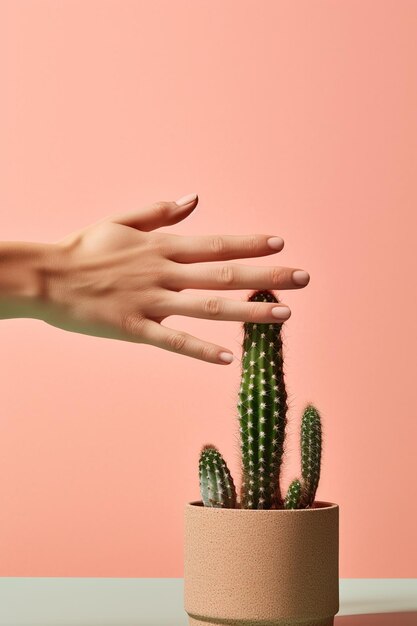 Foto la mujer está tratando de tocar el cactus con la mano apuntando al fondo de luz de la planta