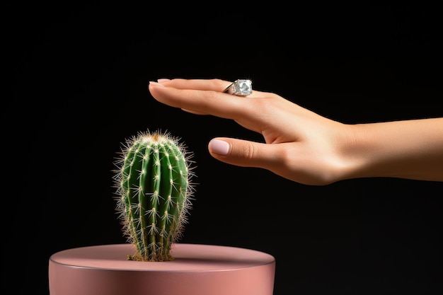 Foto la mujer está tratando de tocar la mano del cactus apuntando al fondo negro de la planta