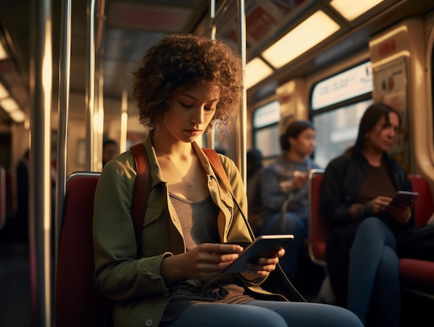 mujer en un tren usando su teléfono inteligente