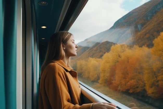 Mujer en tren viendo pasar el mundo a través de la ventana perdida en sus propios pensamientos