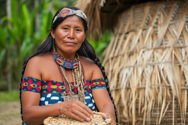 mujer de una tribu colombiana vestida con trajes tradicionales