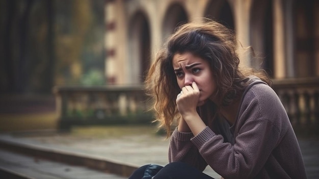 Una mujer triste llora con la mano en la nariz.