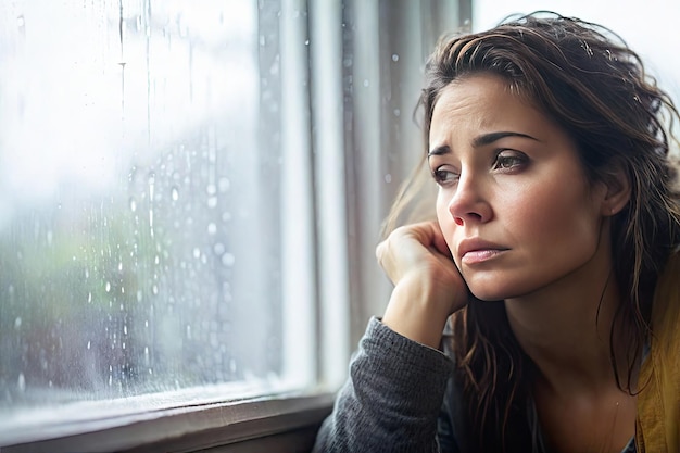 Una mujer triste mira la lluvia fuera de su ventana Espacio para el texto