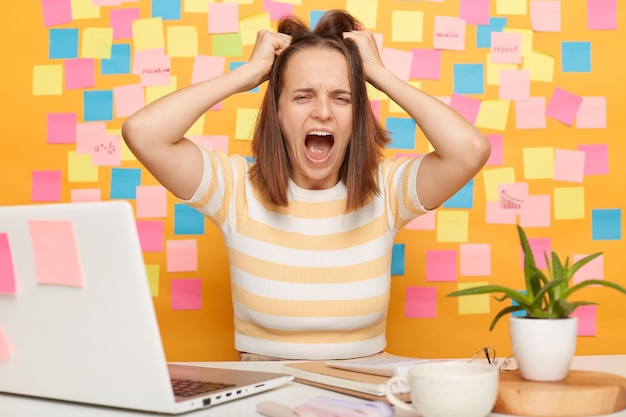 Una mujer triste y molesta sentada en la oficina frente a un cuaderno gritando fuerte y tirando de su cabello rompió su computadora o tuvo problemas con la conexión a Internet posando contra una pared amarilla con tarjetas de notas