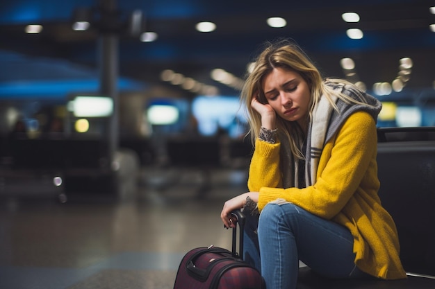 Foto una mujer triste porque perdió su vuelo en el aeropuerto.