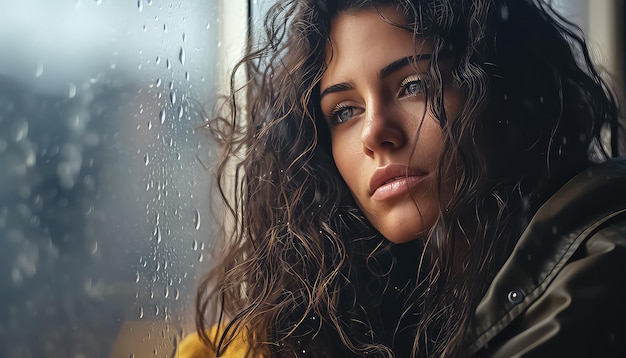 Mujer triste sentada junto a la ventana con la lluvia 8 de marzo Día Mundial de la Mujer