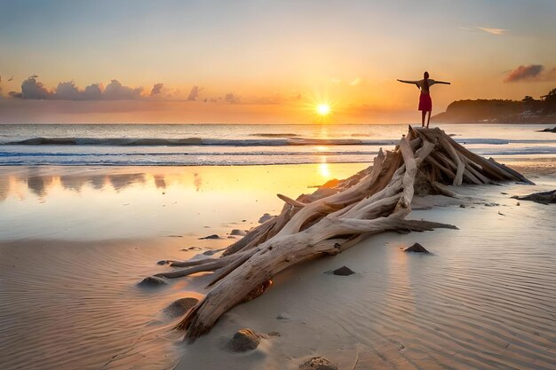 Foto una mujer se para en un tronco con la puesta de sol detrás de ella.