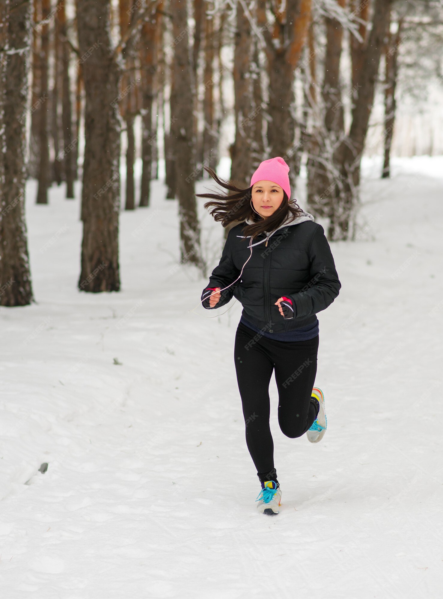 Una mujer está trotando en un bosque de invierno con ropa deportiva para correr | Foto Premium