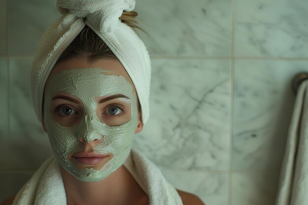 Mujer con túnica de baño con máscara de arcilla verde en la cara para el tratamiento de cuidado de la piel Higiene sanitaria