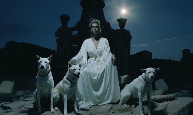 Foto una mujer con una túnica blanca está de pie frente a un edificio con tres perros