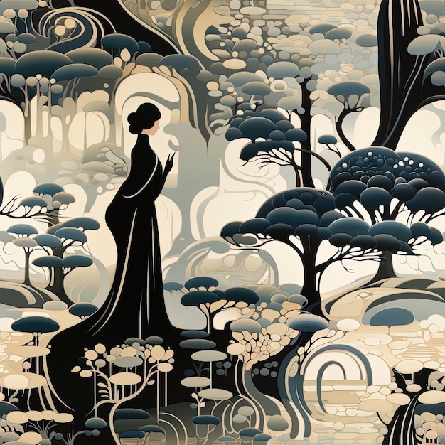 una mujer con una túnica negra está de pie en un bosque con árboles y arbustos